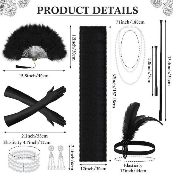 1920s Flapper Costume Accessories Set Pearl Necklace Feather Fan Gloves main image 4